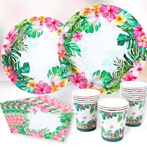 Hawaiian Party Tableware Set – 4pc Set with Floral Plates, Cups & Napkins | Luau Birthday or Tropical Event Supplies (40pcs Total)