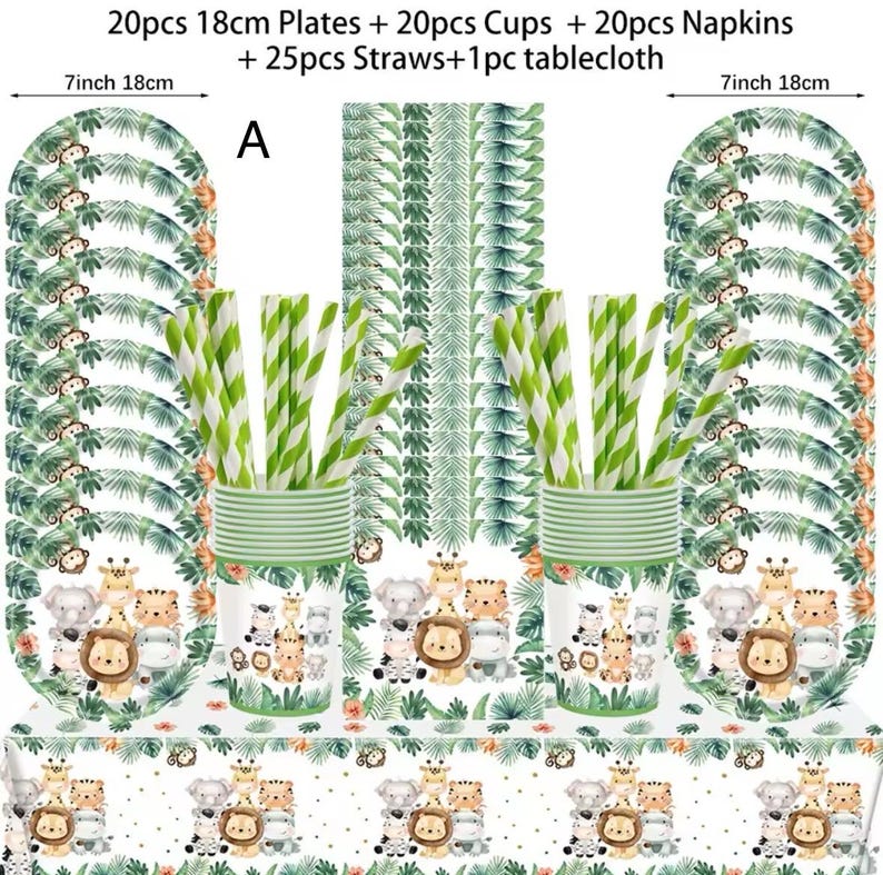 Puede incluir: Un juego de suministros para fiestas con platos, vasos, servilletas, pajitas y un mantel. Los platos y vasos tienen un tema de animales de la jungla. Los platos miden 18 cm. El juego incluye 20 platos, 20 vasos, 20 servilletas, 25 pajitas y 1 mantel.