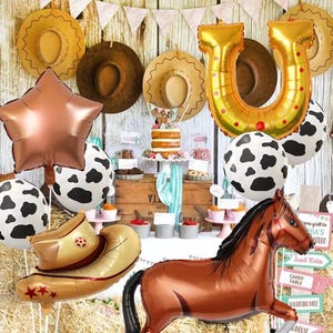 Set di palloncini da cowboy / 9 palloncini con cavallo e stivali western / Stampa mucca / Decorazioni per feste