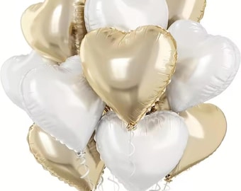 Gold & Weiss Herz Luftballons: 18 "Folie Party Dekor (16 Stück)