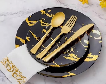 Set di posate in plastica dorata da 30 pezzi: forchette, cucchiai e coltelli usa e getta per matrimoni, feste ed eventi