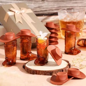 15pc Pink or brown Cowboy Boot Shot Glasses with Mini Hats – Bachelorette Party Cups, Western Themed Wedding Favors