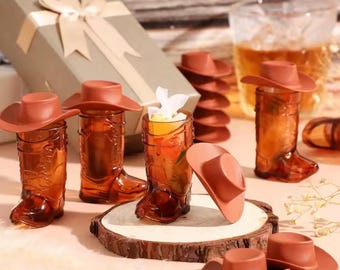 Pink / brown Cowboy Boot Shot Glasses with Mini Hats: Western Bachelorette Party Favors