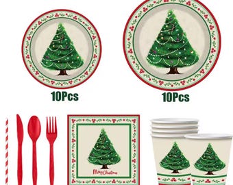 Christmas Tree Party Tableware Set – 90pcs Paper Plates, Cups, Napkins & Cutlery for Holiday Celebrations