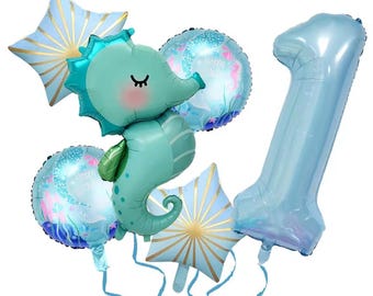 Set di palloncini a forma di cavalluccio marino Sea World, blu, numeri da 1 a 9, decorazioni per compleanno, palloncini per feste a tema oceano