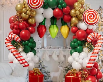 JOISHOP Set Palloncini Natalizi: 10 Piccoli E 2 Grandi A Forma Di Bastoncino Zucchero, 2 Foil Regalo, 12 Rotondi, Nastri Inclusi - 3