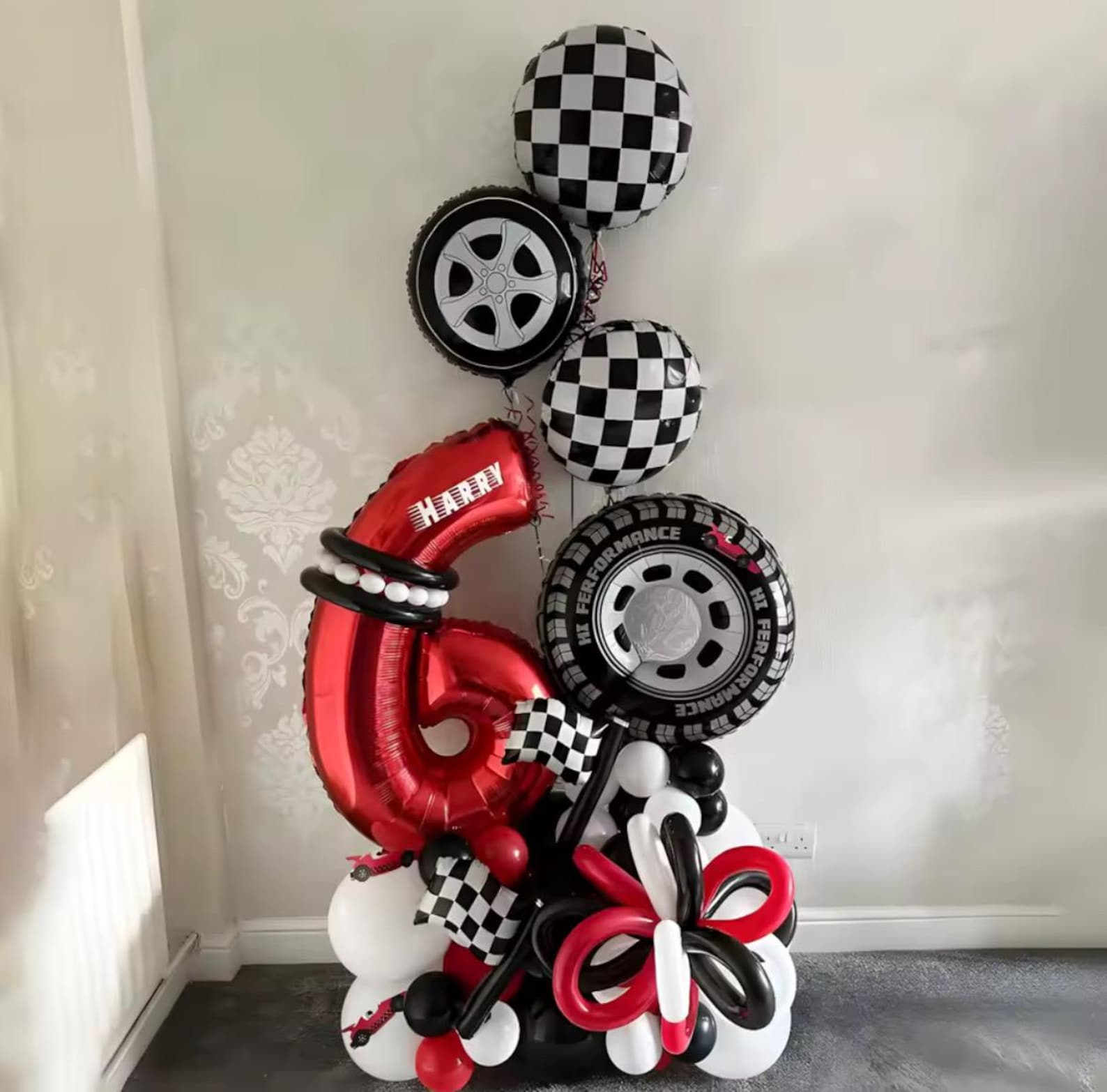 Racing Car Number Balloon Set  Red Birthday Balloon Display with Checkered Flag  Tire Theme
