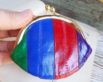 vintage EEL Peau Cuir Changement Sac à main peau d’anguille Coin Petit Portefeuille Kiss Fermoir Fermeture MultiColore Pochette Authentique années 1970 70s Accessoires