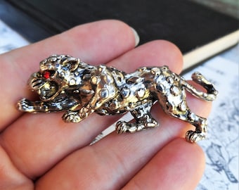 Vintage Silver Plate Leopard Panther Brooch Pin Large Wild Cat Rhinestones Antique Silver Costume Jewelry Nugget Textured Metal Modernist