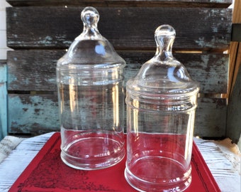 Vintage Glass Jar Set Clear Glass Apothecary Jars Canister Knob Lid Mid Century Terrarium Clear Glass Vanity Curiousity Containers Display