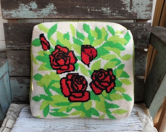 Vintage Needlepoint Pillow Throw Pillow French Country Roses Rosebud Floral Flower Bouquet Ornate Sewing Home Decor 60s Mod Handmade