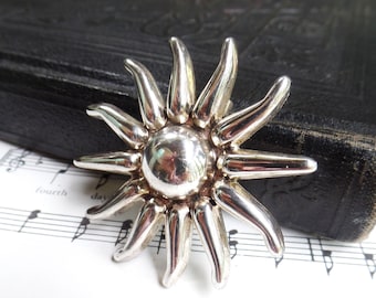Vintage Silver Sun Brooch Pendant, Marked Signed BEST, Puffy Silver Pendant for Chain, Jewelry Silver Plate Designer Jewelry, Summer Jewelry