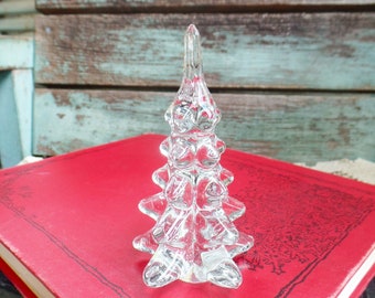 Vintage Crystal Christmas Tree 4 inch Thick Glass for Village Decoration Clear Glass 1980s 80s Holiday Decor White Christmas French Country