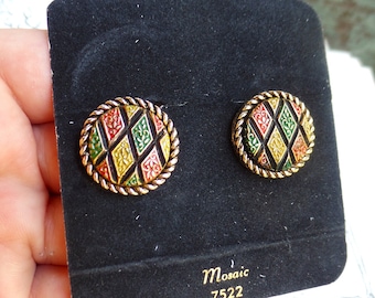 Vintage Sarah Coventry Mosaic Earrings, Antique Gold Multi Colored Earrings, Hostess Gift Earrings, 1970s 70s Costume Jewelry, Mod Modernist