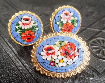 Vintage Micro Mosaic Italian Brooch Pin and Earring Set, Mosaic Glass, Made in Italy, Mid Century Art Jewelry, Hand Made Flower Bouquet Gold