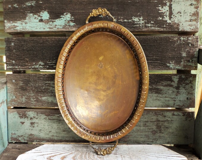 Vintage Brass Vanity Tray Pierced Edge Mid Century Floral Flower