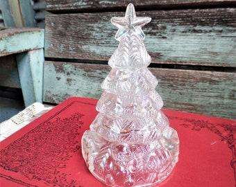 Vintage Iridescent Christmas Tree, Clear Carnival Glass, White Christmas Decoration, French Country, Shabby Chic, Toy Train, Teddy Bear
