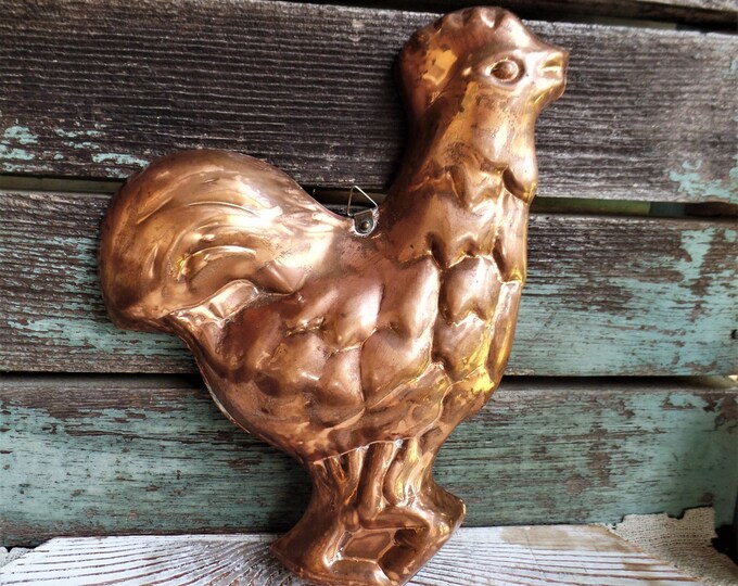 Vintage Copper Chicken Mold, Decorative Brass Hook, French Country
