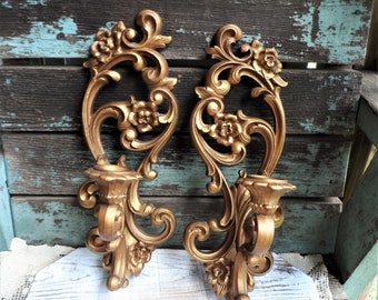 Vintage Candle holders Candelabra Wall Sconce Set Candleholders Candle Holder Baroque Rococo Ornate French Country Gold Hollywood Regency