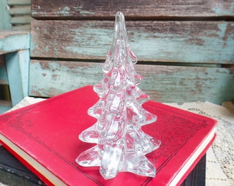 Vintage Crystal Christmas Tree 6 inch Thick Glass for Village Decoration Clear Glass 1980s 80s Holiday Decor White Christmas French Country