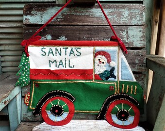 Vintage Christmas Beaded and Sequined Santas Mail Letters to Santa Wall Hanging Santa Claus Christmas Tree Truck Felt Beads Sequins Velvet