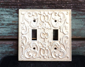 Vintage French Country Light Switch Cover double Switch Cover Shabby Chic Antique White Gold Baroque Ornate frame 60s Mid Century Hardware