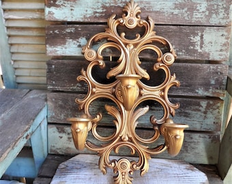 Vintage Candelabra Triple Candle Holder Wall Sconce Candleholder Shell French Provincial French Country Hollywood Regency Mid Century Rococo