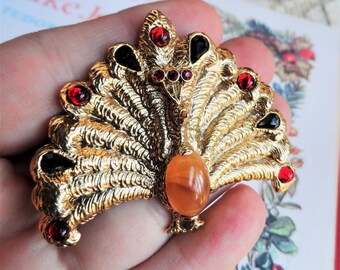 Vintage Peacock Brooch Jelly Belly Pin Rhinestones Stone Costume Jewelry Jeweled Headpiece Fan of Feathers Antique Gold Plate Brass