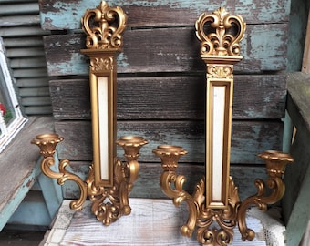 Vintage Syroco Candelabra Wall Sconce Set Double Candle Holders Antique Gold French Country Baroque Rococo Ornate Crown Candleholders