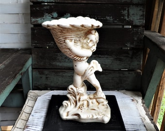 Vintage Cherub Soap Dish Soapdish Ceramic Large Statue Hollywood Regency Cornucopia Basket Design French Country Provincial Ornate Baroque