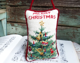 Vintage Christmas Needlepoint Pillow Christmas Tree Door Hanger Ornament Red Velvet Sewing Home Decor Display Merry Christmas French Country