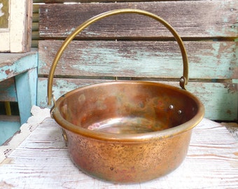 Vintage Copper Pot with Brass Handle Antique Kettle Cauldron Bean Pot Hearth Pot Rustic Farmhouse French Country Primitive Verdigris Patina