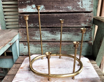 Vintage Brass Candle Ring, Candlestick Holders, Tabletop Candle vignette, Tapered Candles, Collage of Candleholders, French Country Decor