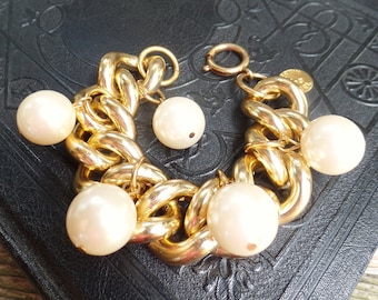Vintage Erwin Pearl Chain Bracelet with Pearl Charms, Chunky Linked Chain, Charm Bracelet, Designer Costume Jewelry, Thick Gold Chain Pearls