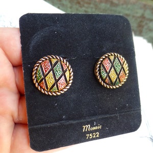 Vintage Sarah Coventry Mosaic Earrings, Antique Gold Multi Colored Earrings, Hostess Gift Earrings, 1970s 70s Costume Jewelry, Mod Modernist