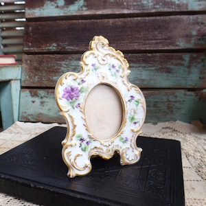 Vintage Limoges Porcelain Picture Frame Hand Painted Flowers Leaves Floral Design Signed A. K.  Green Velvet Easel Back French Victorian