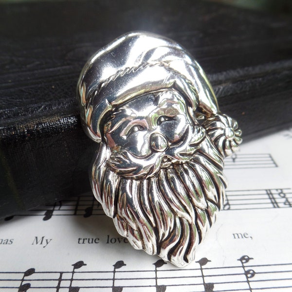 Vintage Silver Santa Claus Pendant Brooch Marked Best Puffy Christmas Silver Plate Jewelry Holiday Necklace Pendant Costume Jewelry 1980s