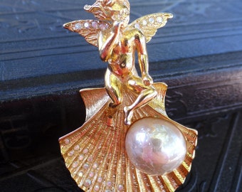 Vintage Kirks Folly Whispering Angel Pendant and Brooche, Cherub Angel and Shell with Pearl and Crystal Aurora Borealis Rhinestones, Designer