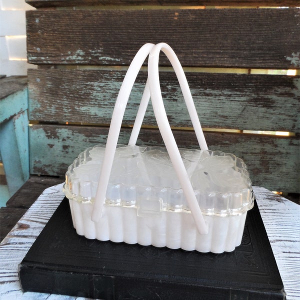 Vintage Lucite Purse Handbag Theresa Bag Co. Pearlized lucite Clear Lucite with Roses and Leaves Mid Century 1950s 1960s Hollywood Regency