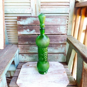 Vintage Empoli Green Art Glass Jar Bottle Decanter Large Mid Century art Glass Mod Modernist Pedestal Grapes Knob Stopper Apothecary Eames