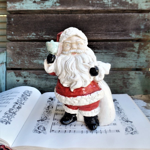 Vintage Chalkware Santa Claus Plaster Christmas Decoration Doorstop Retro Mid Century Santa Shabby Chic Painted Ringing Bell Santa Bag Toys