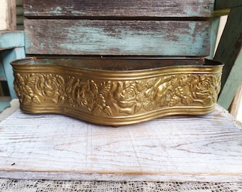 Vintage Long Embossed Hammered Brass Planter, Made in England, Footed Rose Leaf Design, Repousse Window Flower Pot, French Country Rustic
