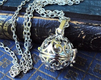 Filigree Locket Necklace Openwork silver Round Sphere Perfume locket Prayer box Locket with Long textured silver Chain Layering style