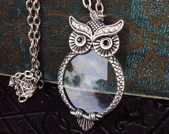 Vintage Style Owl Magnifying Glass Pendant Necklace Victorian Style Ornate Metal Reading Magnifier Antique Silver Long Chain