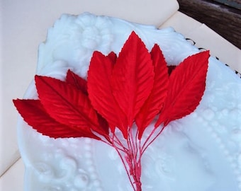 Vintage Mid Century Millinery Leaves Leaf in Red Picks Pick Craft Supplies Findings Altered Art Projects Embellishment Trim