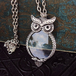 Vintage Style Owl Magnifying Glass Pendant Necklace Victorian Style Ornate Metal Reading Magnifier Antique Silver Long Chain image 1