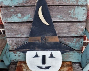 White Pumpkin Witch Hat Shabby Chic Halloween Wood Sign Wall Plaque Hanging Rustic French Farmhouse Door Hanger Chippy Distressed Moon Fall