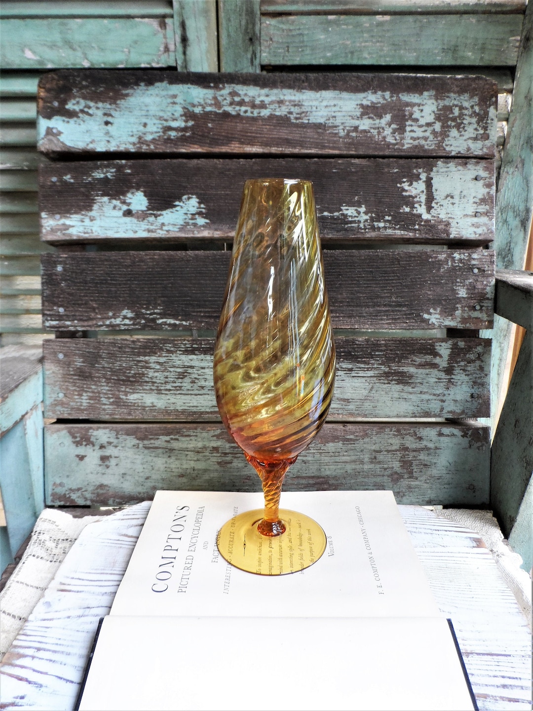 Vintage Italian Empoli Art Glass Vase Brown Fluted Pedestal