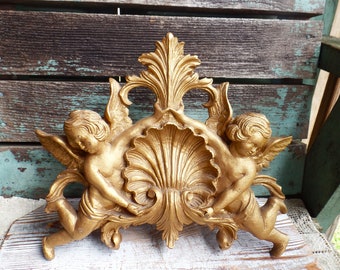 Vintage Angel Cherub Bed Crown, Ornate Shell and Angels, Wall Art, Drapery Tie Back, Antique Gold Architectural Wood, French Country, Wings