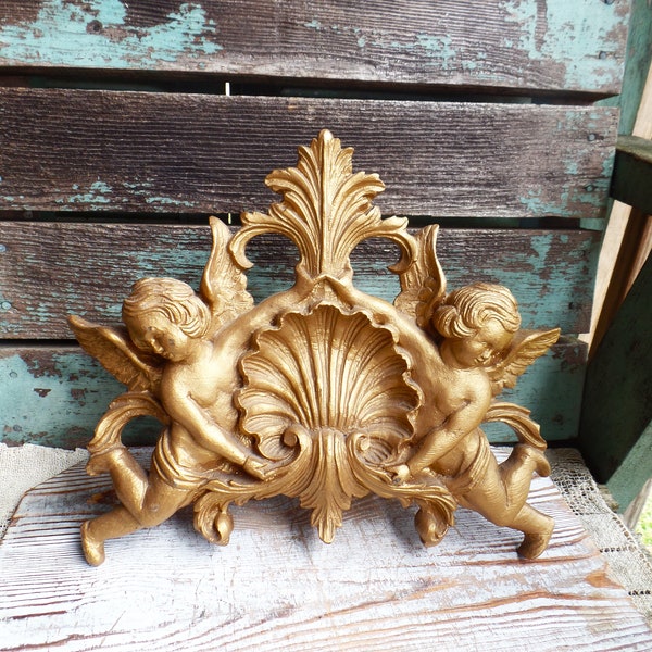 Vintage Angel Cherub Bed Crown, Ornate Shell and Angels, Wall Art, Drapery Tie Back, Antique Gold Architectural Wood, French Country, Wings